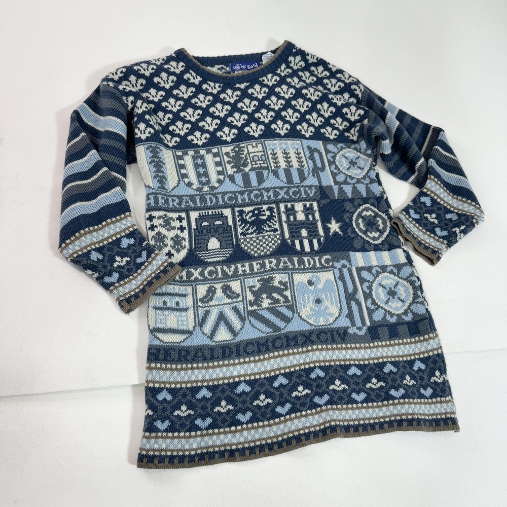 Vintage She Said Heraldic Sweater Womens Small Blue Fair Isle Knit Nordic Crest